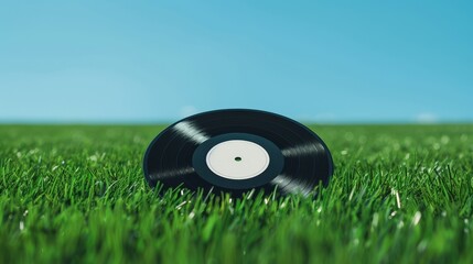 A vinyl record with a blank label, placed on a neon green and yellow background. The vibrant neon light provides clear copy space. The lighting is smooth and diffused, creating a modern lookd