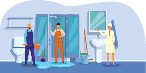 Two plumbers are fixing a leaking shower cabin in a bathroom while a woman is waiting