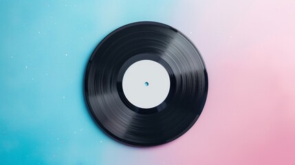 A vinyl record with a blank label, placed on a neon green and yellow background. The vibrant neon light provides clear copy space. The lighting is smooth and diffused, creating a modern lookd