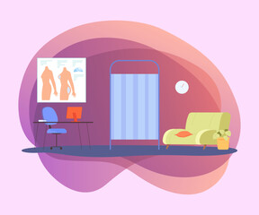 Fototapeta premium Cosmetic surgeons office interior design. Clinic room with sofa, desk with computer and posters flat vector illustration. Hospital, interior, mammoplasty, beauty concept
