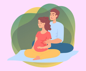 Couple attending childbirth course or class. Pregnant woman with husband sitting on floor vector illustration. Pregnancy, family, childbirth concept for banner or web design