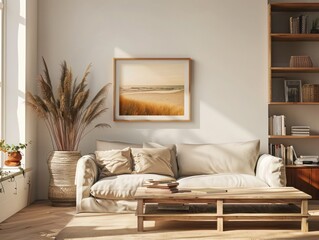 Small rectangular framed poster mockup in oak frame, landscape orientation, sunlit living room with coffee table, couch, and bookshelf.