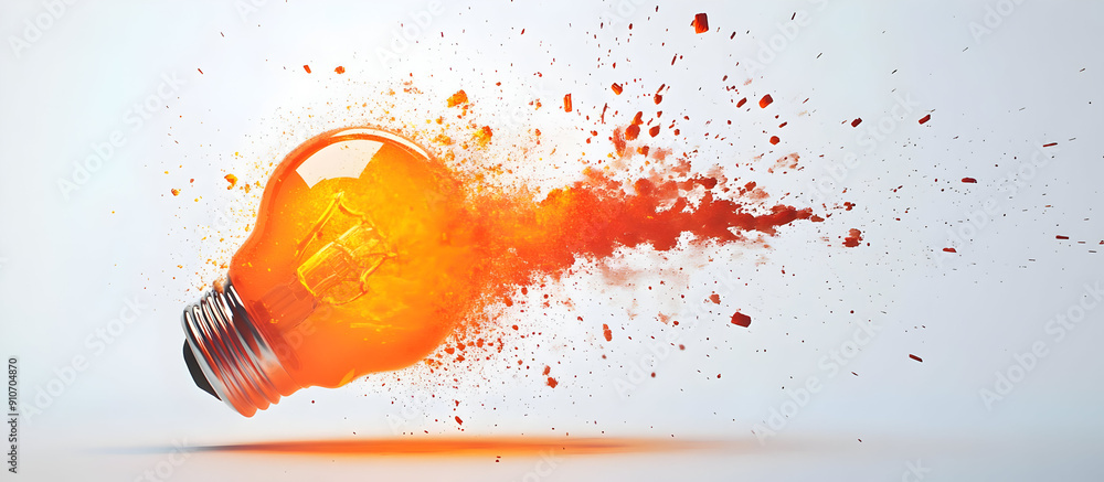Poster dynamic image of an exploding orange light bulb, symbolizing creativity, innovation, and energy in a