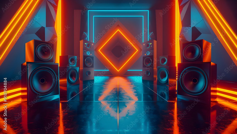 Poster dynamic music space featuring vibrant neon lights and large speakers, creating an electrifying atmos