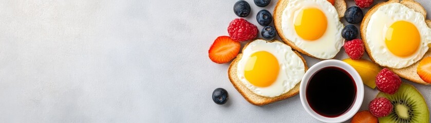 Fototapeta premium Delicious breakfast spread featuring sunny-side-up eggs, toast, fresh berries, and a cup of coffee on a rustic surface.