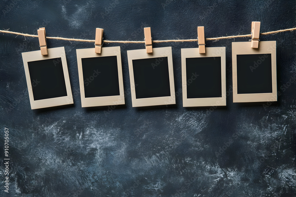 Poster empty photo frames hanging on a rope against a textured background, perfect for customization or sho