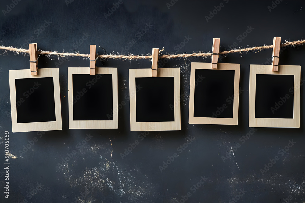 Poster empty photo frames hanging on a string, ideal for showcasing memories or creative projects.