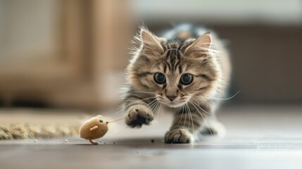 Adorable kitten with wide eyes pouncing playfully on a toy mouse on a wooden floor in a warm indoor setting. Perfect for pet lovers.
