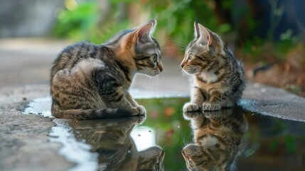 Adorable kittens facing each other reflected in a puddle on a sunny day. The playful scene radiates a sense of curiosity and companionship.