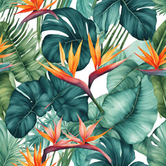 Seamless Vibrant Pattern of Tropical Foliage in Watercolor Style - 1