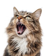 Close-up of a fluffy tabby cat with green eyes, mouth wide open, and fangs visible, expressing an intense emotion.