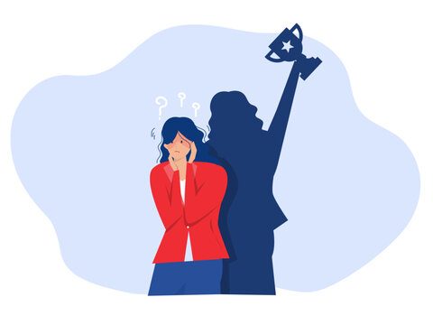 Imposter syndrome.shadow woman standing for her present profile take award with Anxiety and lack of self confidence at work; the person fakes is someone else concept
