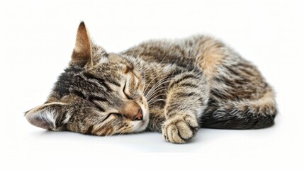 Obraz premium Cute tabby cat peacefully sleeping on a white background, showcasing tranquility and comfort.