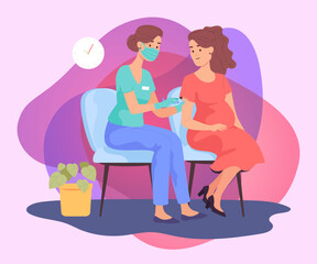 Pregnant woman getting vaccine booster. Nurse in mask giving shot or jab to pregnant girl flat vector illustration. Pregnancy, coronavirus, vaccination concept for banner or landing page