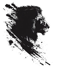 Stylized black and white lion illustration with dynamic splashes and abstract elements for artistic projects.