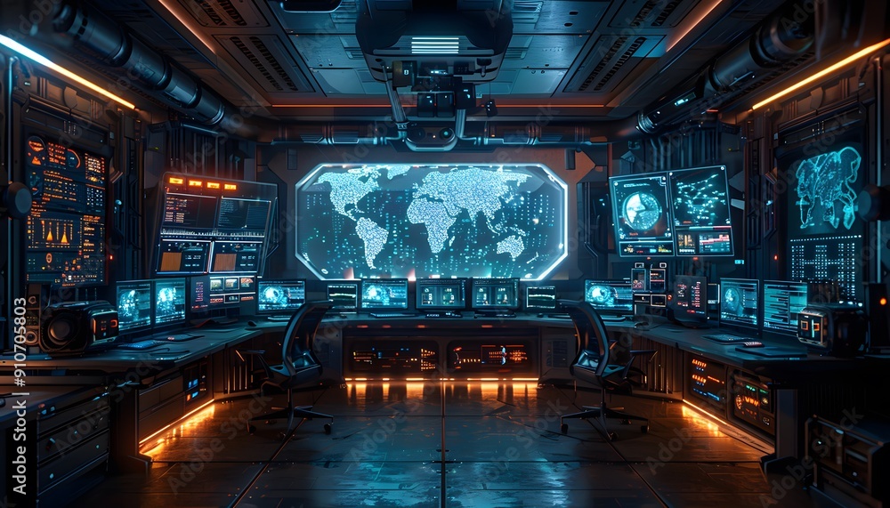 Poster a futuristic command center with multiple monitors displaying data and a large screen showing a worl
