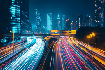 Fototapeta premium Vibrant cityscape with flowing traffic at night, showcasing illuminated buildings and dynamic light trails.
