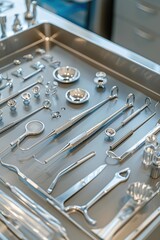 Fototapeta premium A tray of shiny medical tools. AI.