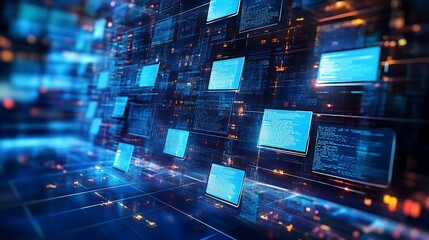  Abstract network grid with files and folders, futuristic software interface, digital document management system, store, search and organize documents, corporate business, paperless office