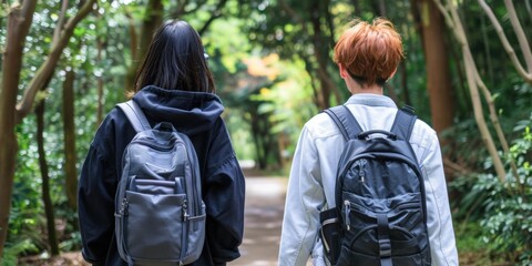 Two people walking with backpacks in a forest. AI.