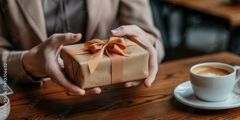 Poster A gift wrapped in brown paper and tied with a ribbon is held out to someone. AI.