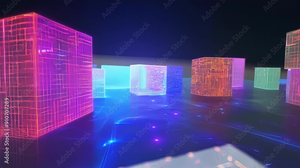 Poster colorful cubes float in a dark space, showcasing various data patterns and light effects that create