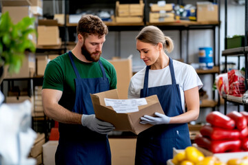 A man and a woman inspect a package together in a warehouse, showcasing teamwork and logistics in a modern retail environment.