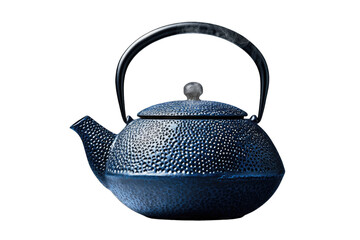 A beautiful blue cast iron teapot, featuring a textured surface and elegant design, perfect for serving tea or as a decorative piece.