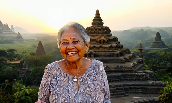 Lifestyle portrait video of a grinning woman in her 80s that is smiling with friends at the Borobudur Temple in Magelang Indonesia