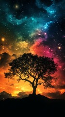 Lone tree silhouetted against a colorful galaxy