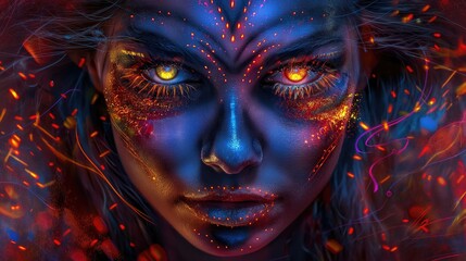 A mesmerizing woman adorned with vibrant body paint and radiant eyes captures the essence of a fantasy world under a starlit sky