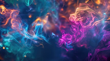 Obraz premium Vibrant, swirling smoke in hues of blue, pink, and orange dances against a dark backdrop, illuminated by scattered points of light
