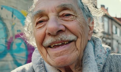 Close-up portrait video of a grinning elderly 100 years old man wearing a snuggly pajama set against an urban street art background