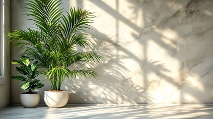 Fototapeta premium white empty room with shadow plant on white wall, empty white marble stone counter table top with shadow , white stucco cement luxury wall for product display presentation 