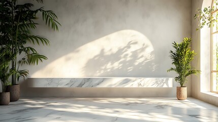  white empty room with shadow plant on white wall, empty white marble stone counter table top with shadow , white stucco cement luxury wall for product display presentation 
