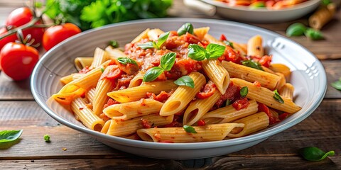 A close-up photo of a delicious and spicy Penne Arrabbiata pasta dish, penne, arrabbiata, pasta, spicy, tomato sauce, Italian