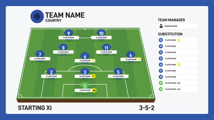 Football or soccer match starting lineups formation 352 and field infographic. Set of football player positions on soccer field. Football kit with soccer jersey icons in flat design. Vector Illustrati