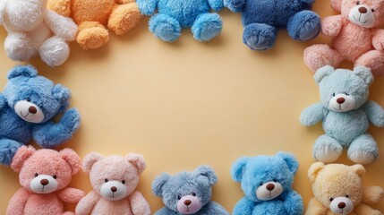 Abstract baby kid toys frame background. Many cute colorful teddy bears on light yellow background. Top view, flat lay, copy space in middle of frame