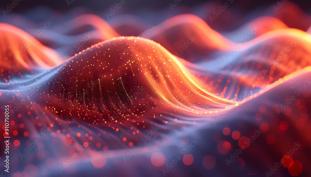 Poster a wavy abstract pattern with glowing orange and red dots