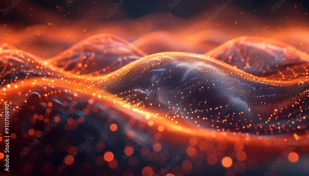 Poster abstract background of glowing orange and red particles forming a wave-like pattern