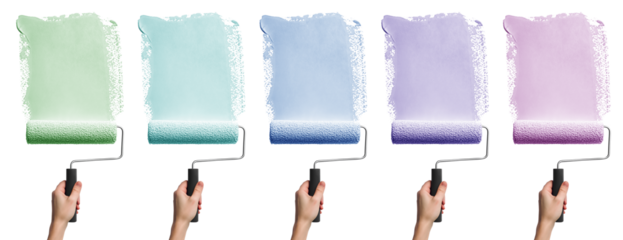 Set of hand painting holding roller brush with streak smear paint pastel colours of green blue purple violet aqua turquoise on transparent cutout PNG file. Mockup template for artwork design