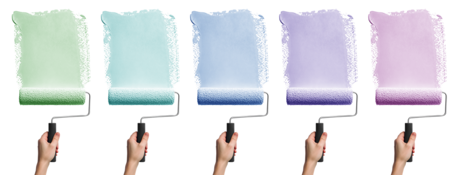 Set of hand painting holding roller brush with streak smear paint pastel colours of green blue purple violet aqua turquoise on transparent cutout PNG file. Mockup template for artwork design