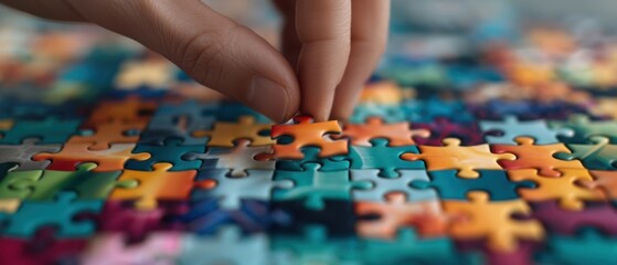 Fototapeta premium Puzzle Piece Perfection: Close-Up of Hands Holding Finished Jigsaw Puzzle Piece Against Vibrant Background for Assembly