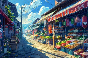 Obraz premium A vibrant and picturesque street market on a sunny day showcasing an array of colorful fruits vegetables and goods under bright awnings