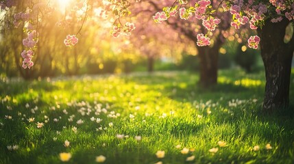 Obraz premium Spring's Golden Embrace: A captivating landscape bathed in the warm glow of sunrise, as delicate cherry blossoms adorn a vibrant meadow, evoking tranquility and renewal. 
