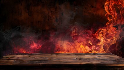 Wooden Tabletop with Fire and Smoke Background
