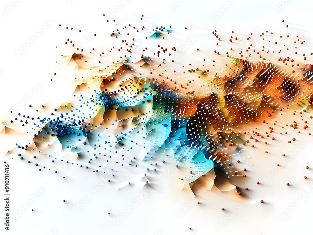 Poster abstract digital art with colorful shapes and dots.