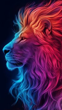 Colorful neon lion portrait, digital art