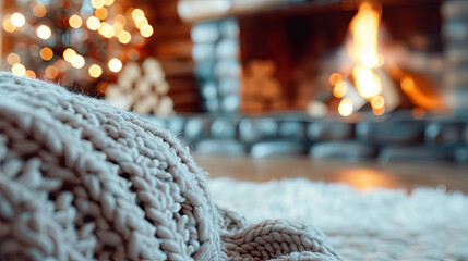 Cozy winter interior Christmas tree fireplace burning fire warm home atmosphere knitted plaid background winter holidays new year concept banner copy space
