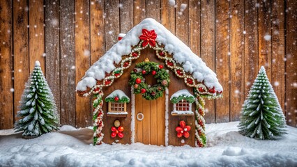 Fototapeta premium Gingerbread house covered in snow with a festive wreath on the door, winter, Christmas, holiday, gingerbread